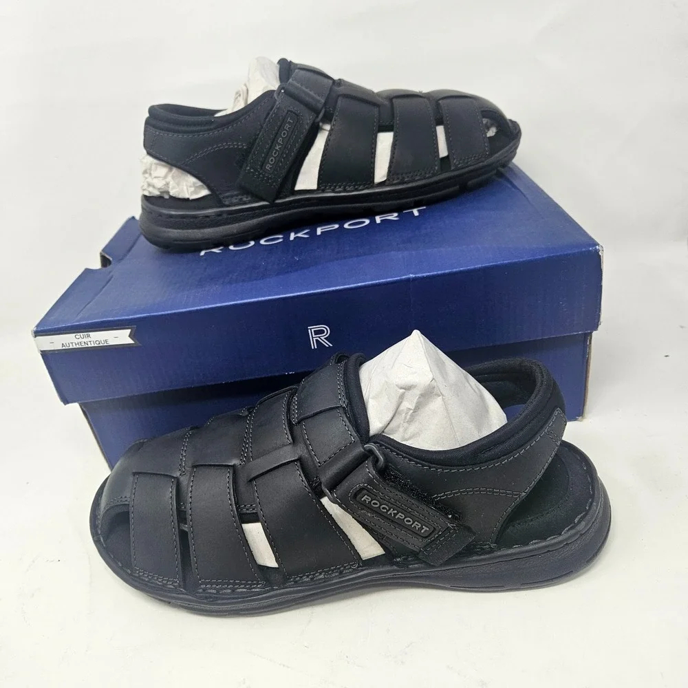 Rockport Darwyn Fishermen Men's Black Leather Sandals Size 8M CI5688
